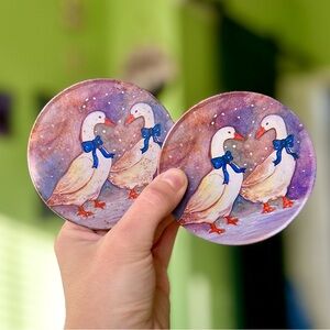 VTG Farmhouse Cottagecore Geese With Blue Ribbons Adorable Coasters Set of 2